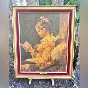 Fragonard reproduction painting print in wooden frame w/velvet border wall decor